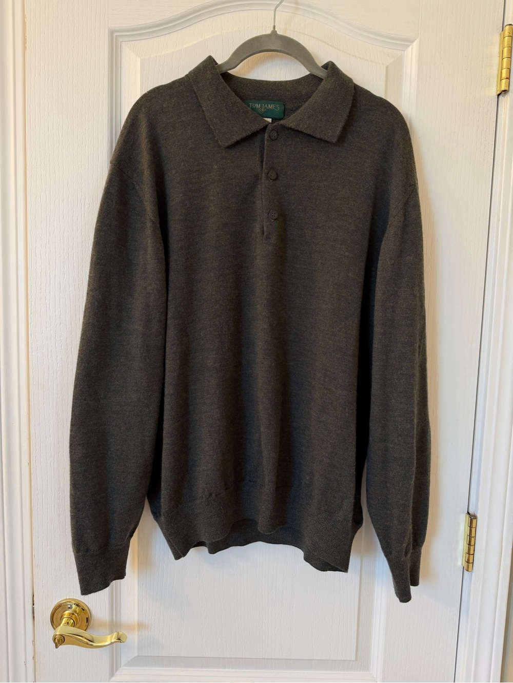Tom James Men’s Large 100% Merino Wool Heathered Green Polo Sweater Italy